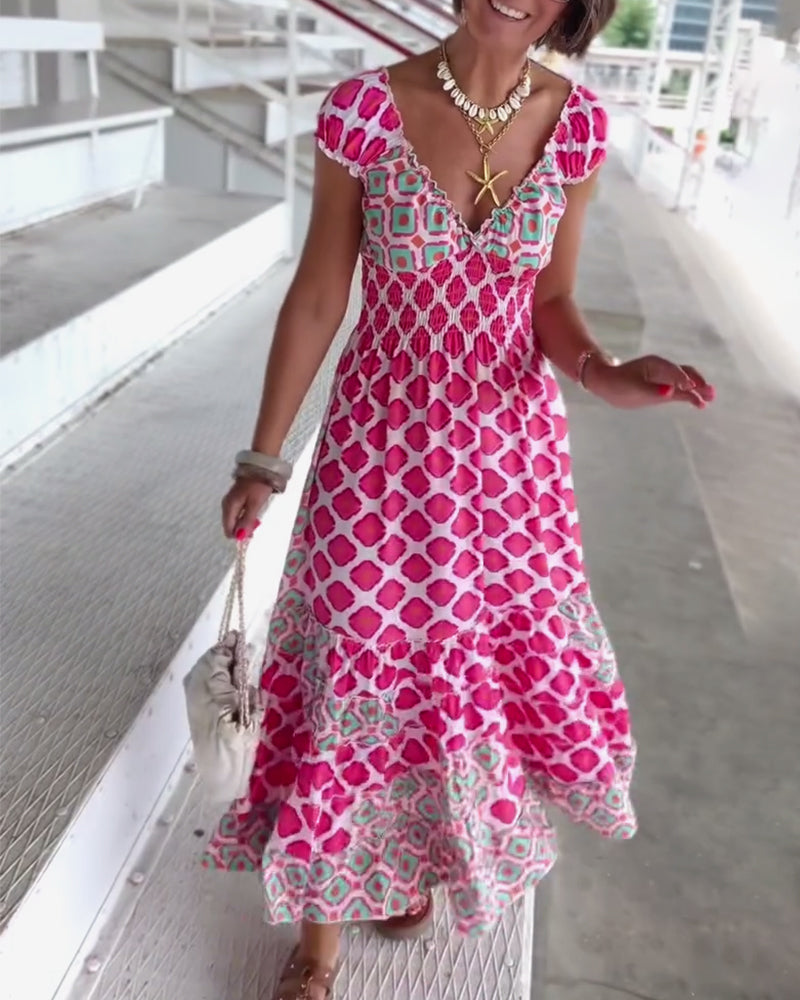 Abito lungo stampato con scollo a V profondo sexy