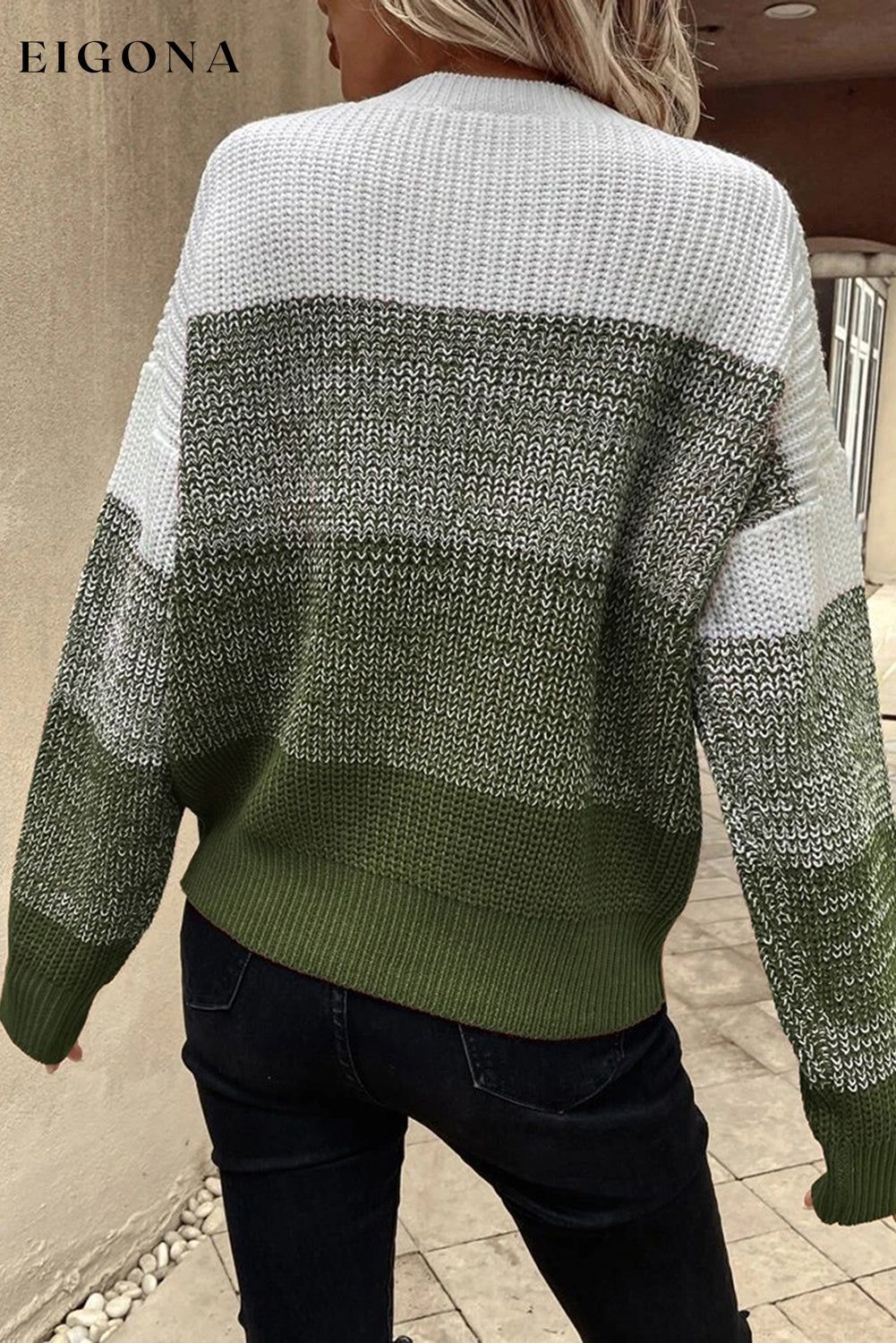 Pickle Green Color Block Drop Shoulder Ribbed Trim Sweater All In Stock clothes EDM Monthly Recomend Occasion Daily Print Color Block Season Fall & Autumn Style Casual Style Modern sweater sweaters Sweatshirt