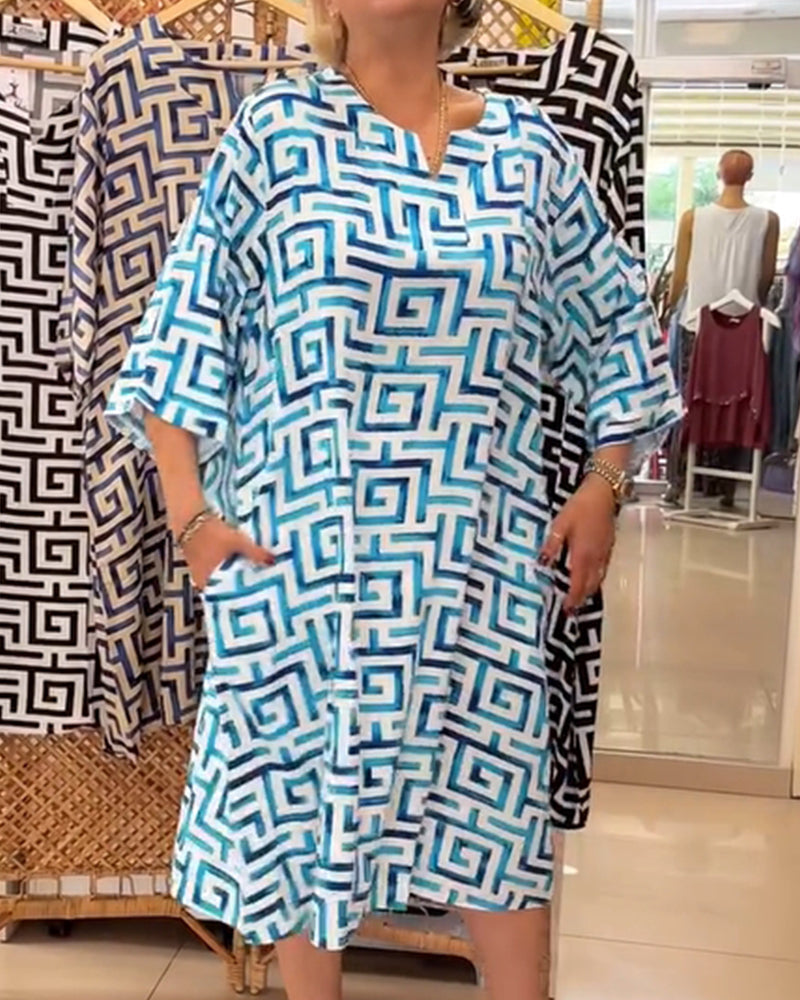 Loose Short Sleeve Geometric Pattern Print Dress