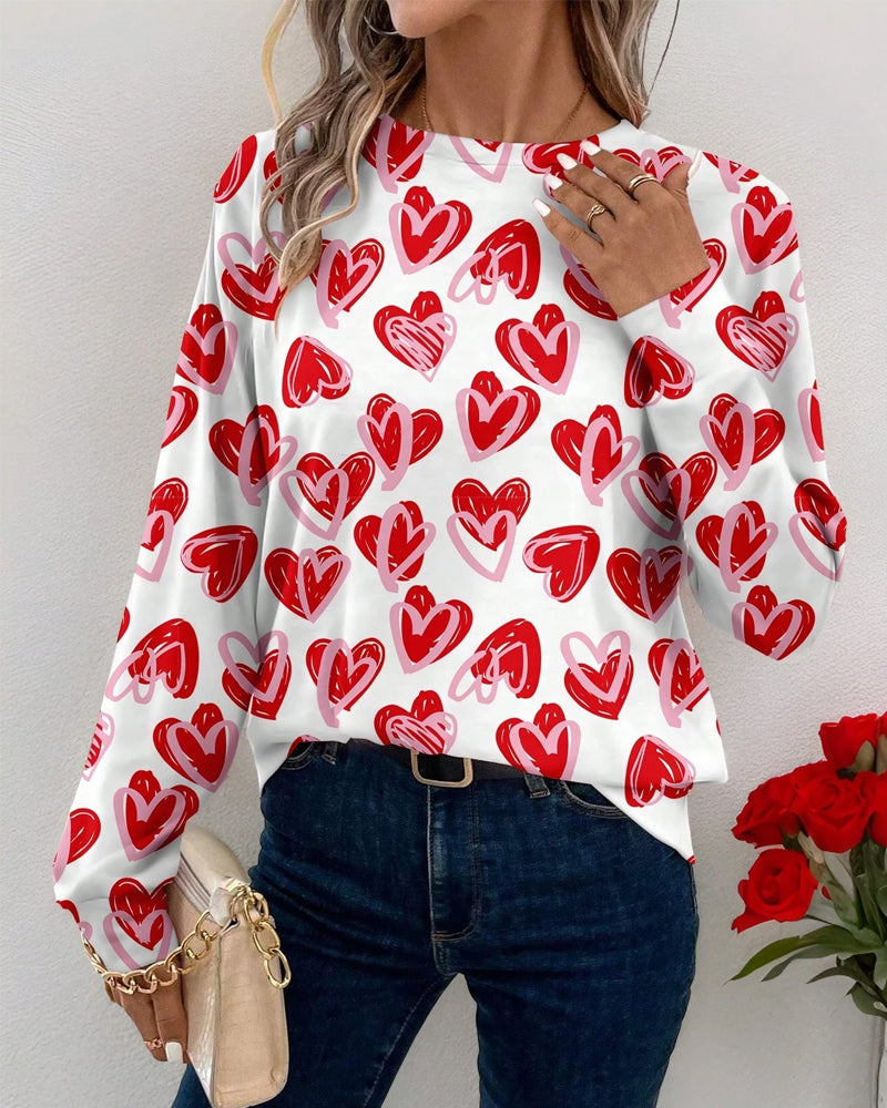 Round Neck Heart Print Long Sleeve Top blouses & shirts heart pattern valentine's day heart print mm-tops spring summer