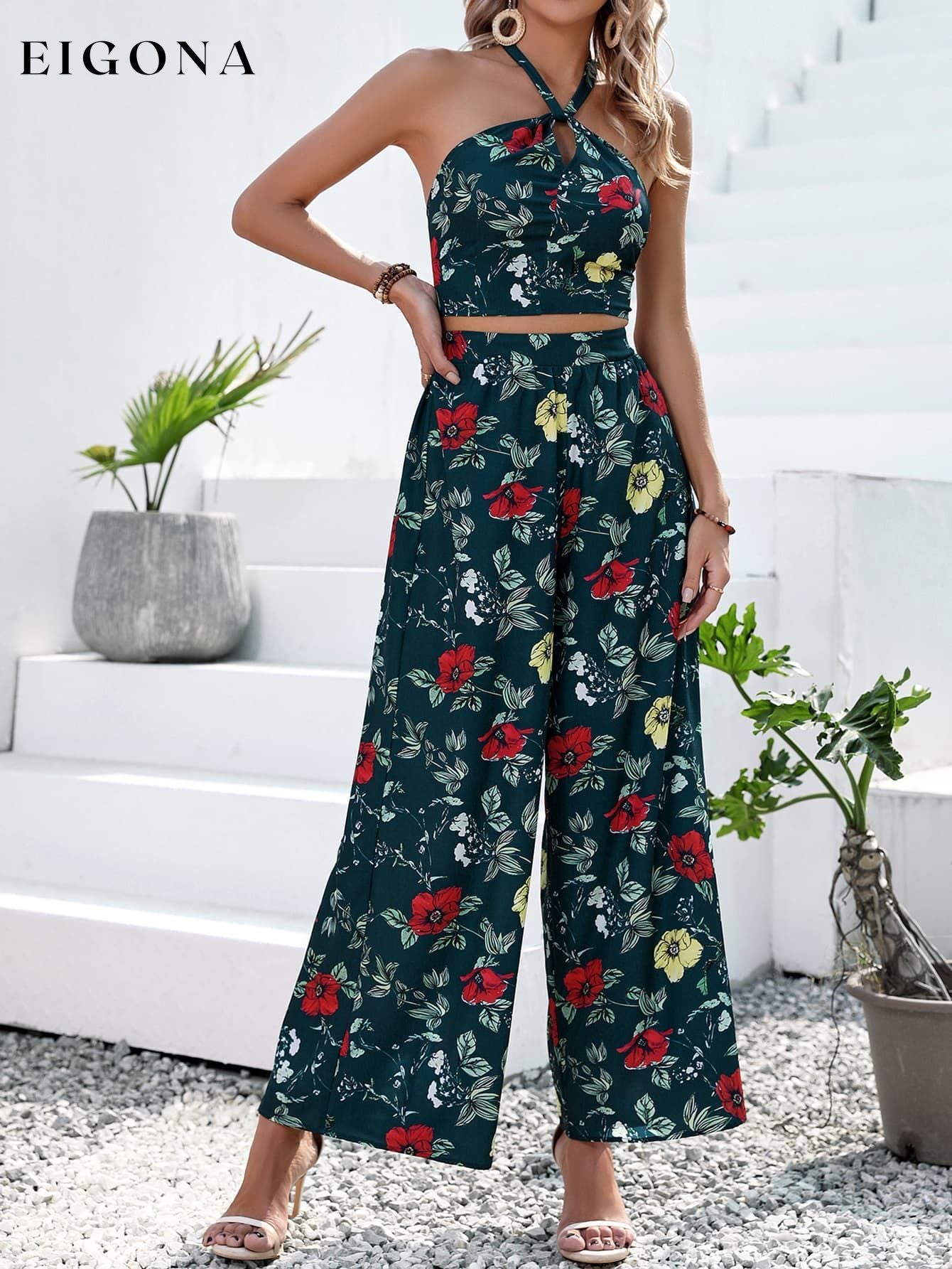 Floral Halter Neck Top and Wide Leg Pants Set clothes Hanny sets Ship From Overseas Shipping Delay 09/29/2023 - 10/04/2023