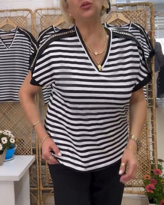 V-neck Striped Casual T-Shirt