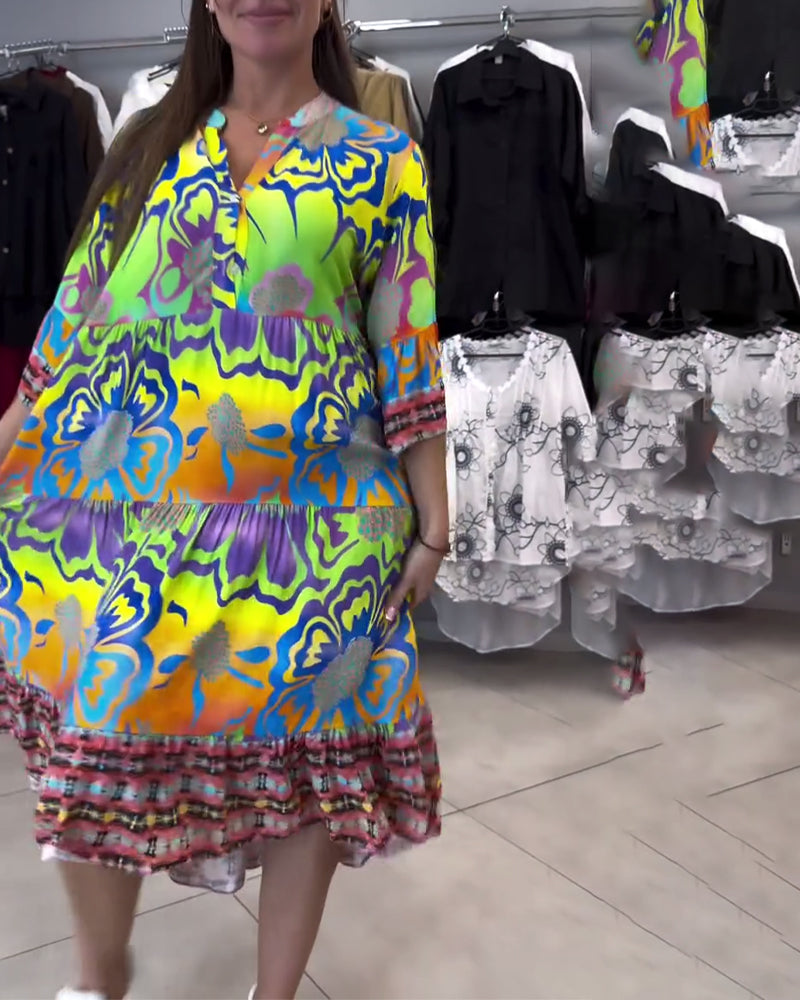 V-Neck Printed Casual Bohemian Dress