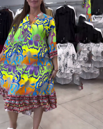 V-Neck Printed Casual Bohemian Dress