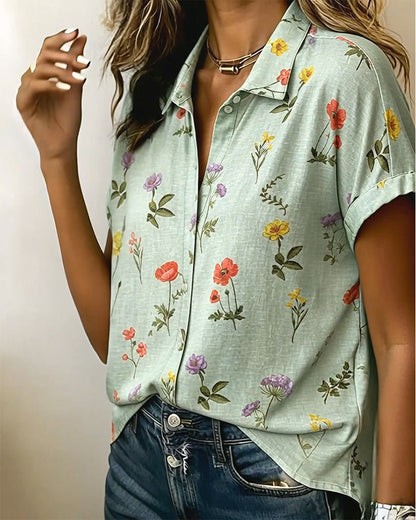 Turn-Down Collar Flower Print Short Sleeve Shirt