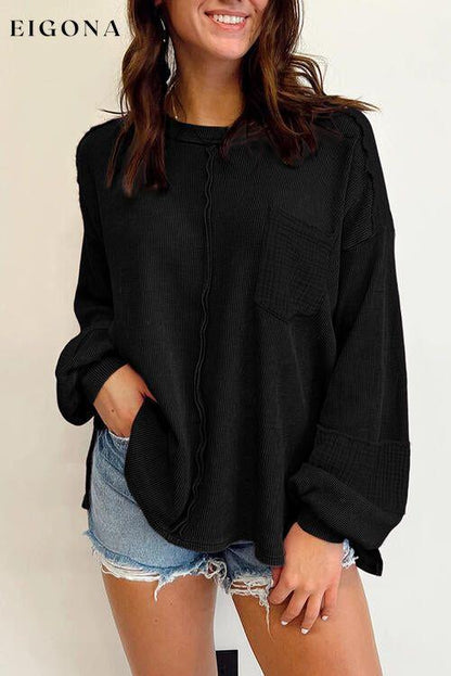 Waffle-Knit Exposed Seam Lantern Sleeve Blouse Black clothes Ship From Overseas SYNZ