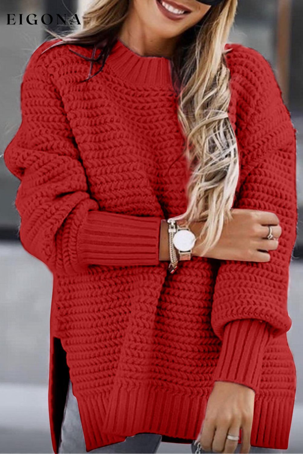 Round Neck Slit Sweater Deep Red clothes long sleeve top Ship From Overseas Shipping Delay 10/01/2023 - 10/02/2023 Sweater sweaters Y*X