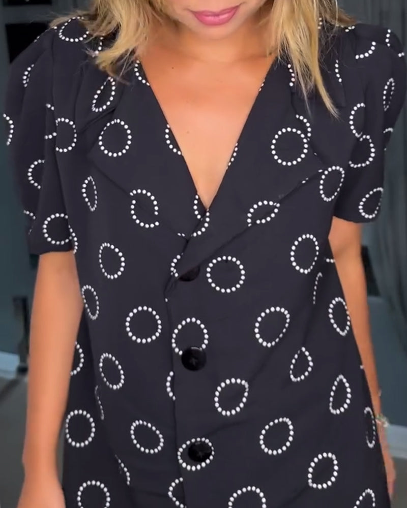 Lapel Button Circle Print Dress