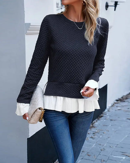 Lace Contrast Crew Neck Top