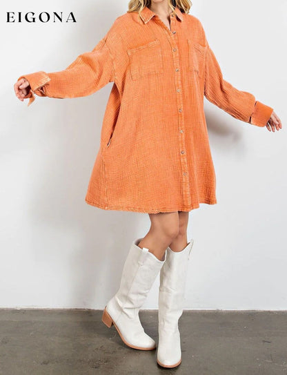 Orange Crinkled Dual Chest Pocket Oversized Shirt Dress All In Stock clothes Color Orange EDM Monthly Recomend Fabric Linen Occasion Daily Print Solid Color Season Spring Style Southern Belle