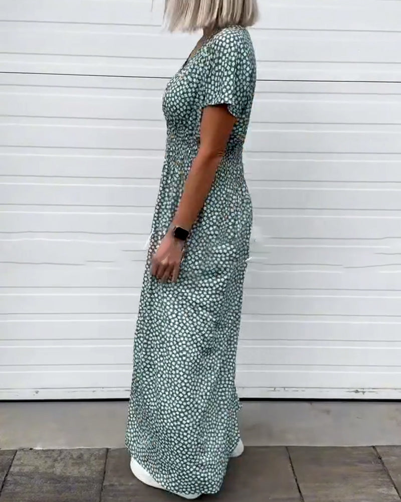 V-Neck Printed Waist Short-Sleeved Dress