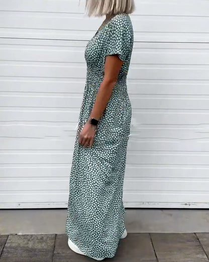 V-Neck Printed Waist Short-Sleeved Dress