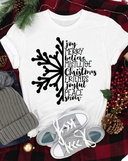 Merry christmas lettering snowflake print casual t-shirt 2024 f/w christmas summer t-shirts