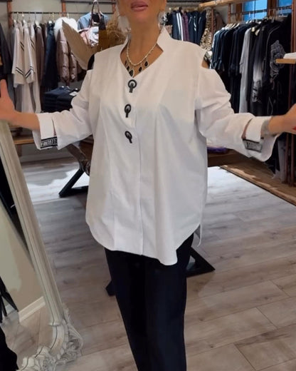 Off-The-Shoulder Contrast Long-Sleeved Blouse