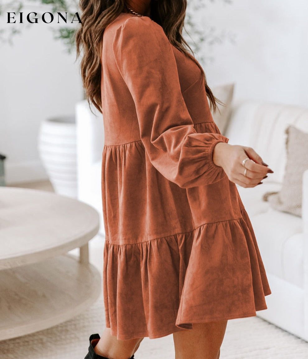 Chestnut Faux Suede Tiered Babydoll Dress All In Stock casual dress casual dresses clothes dress long sleeve dress long sleeve dresses Occasion Daily Print Solid Color short dresses Silhouette A-Line Style Western