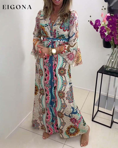 Elegant dress with colorful print and bell sleeves casual dresses spring summer