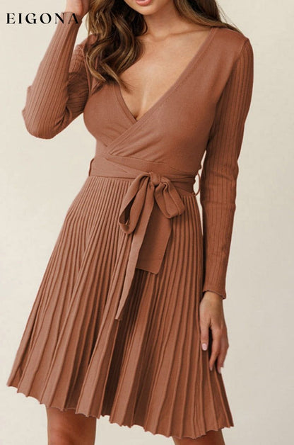 Surplice Neck Tie Waist Pleated Dress Chestnut clothes dress dresses Ship From Overseas SYNZ trend