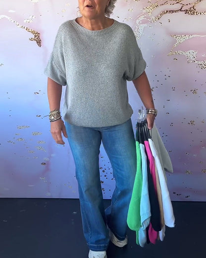 Casual loose solid color round neck pullover