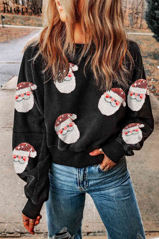 Santa Sequin Long Sleeve Sweatshirt Black clothes Ship From Overseas SYNZ