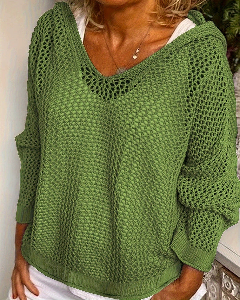 Dames Crochet Hollow Out Hooded Long Sleeve Tops