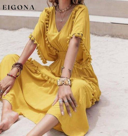 Tassel Trim Smocked V-Neck Short Sleeve Maxi Dress Honey casual dresses clothes dress dresses H.R.Z long sleeve dress maxi dress Ship From Overseas short dress short sleeve short sleeve dress short sleeve dresses