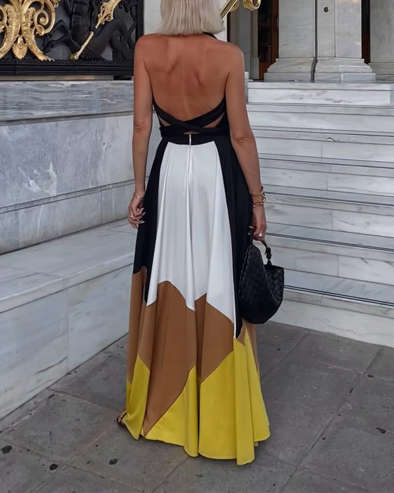 Sexy Deep V Halter Neck Contrast Print Long Dress