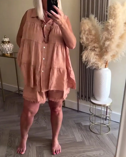 Ärmelloser Revers Button-Down Casual Shorts Anzug