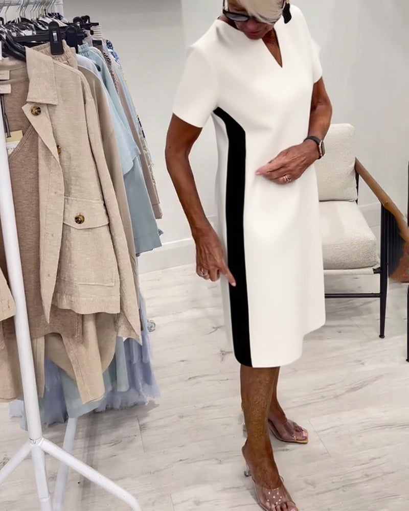 Short-Sleeved Contrast Color Straight Dress