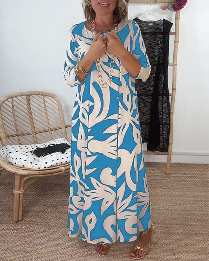 Abito stampato a maniche lunghe con scollo tondo