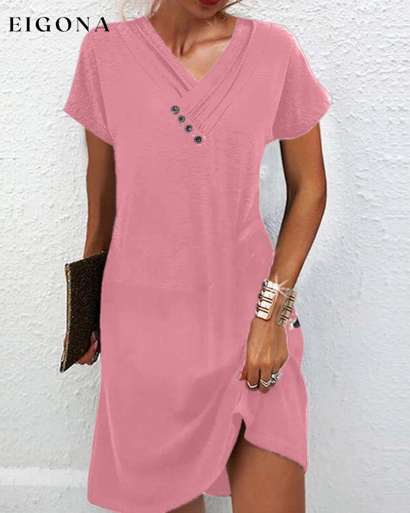 Elegant solid color V-neck short-sleeved dress Pink 23BF Casual Dresses Clothes Dresses Spring Summer