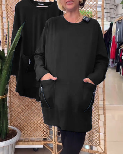 Round Neck Solid Color Zipper Pocket Sweatshirt
