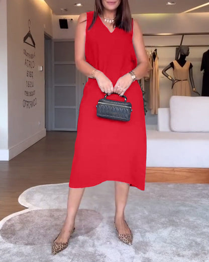 Casual V-neck Sleeveless Solid Color Split Dress