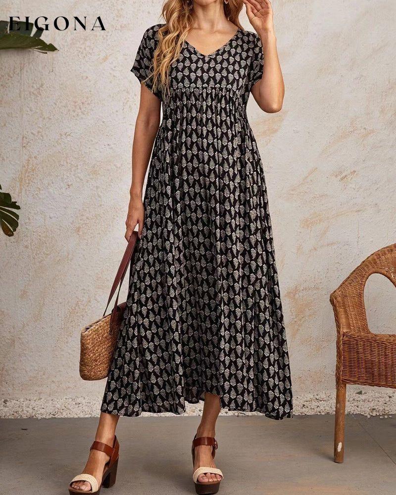 V neck short sleeve long dress Black 23BF Casual Dresses Clothes Dresses Spring Summer Vacation Dresses