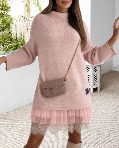 Casual solid color high collar pullover mesh dress set
