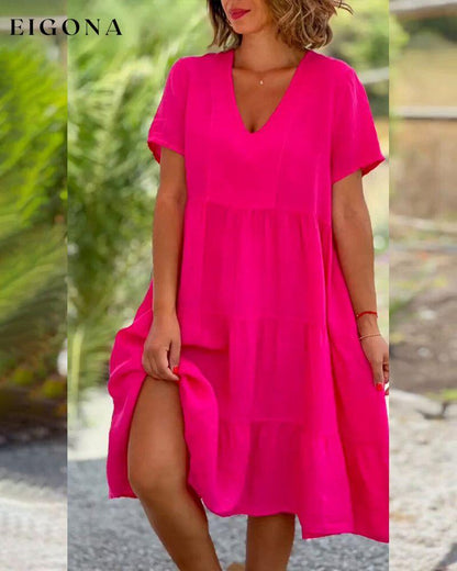 Cotton linen v-neck solid color dress Fuchsia 23BF Casual Dresses Clothes cotton and linen Dresses Spring Summer