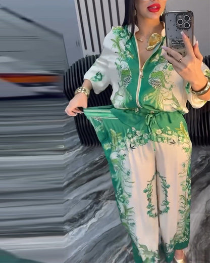 Temperament Stand Collar Zipper Wide Leg Suit