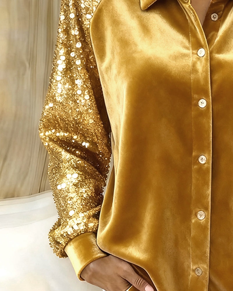 Lapel Sequined Long-Sleeved Shirt