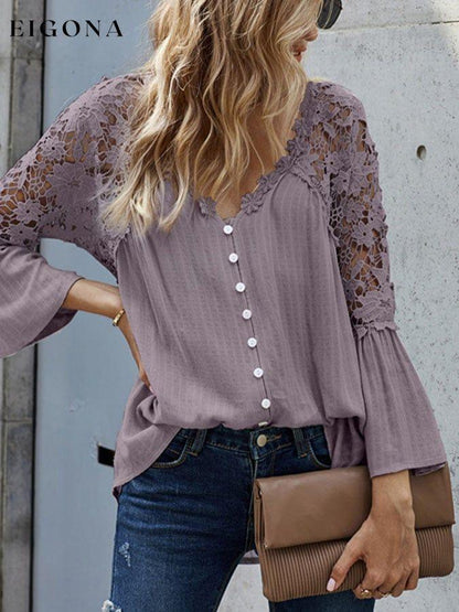 Lace Shirt Long Sleeve Solid Deep V Pullover Chiffon Shirt cotton linens