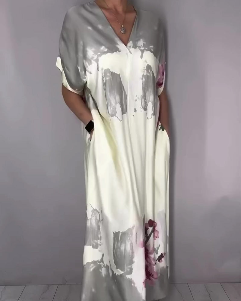 Ink Wash Peach Blossom V-Neck Maxi Dress