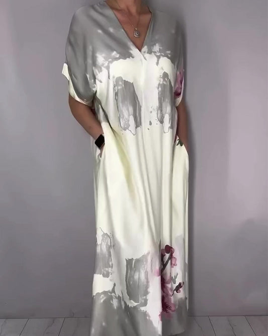 Ink Wash Peach Blossom V-Neck Maxi Dress