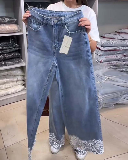 Casual Solid-Color Wide-Leg Denim Pants