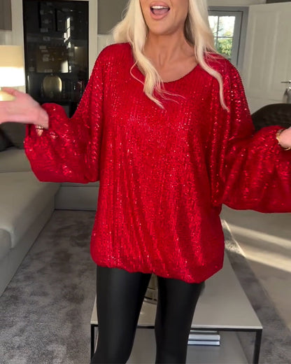 Balloon sleeve round neck sequin top 2024 f/w blouses & shirts christmas