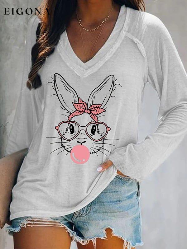 Easter Cute Bunny Print V-Neck Long Sleeve T-Shirt