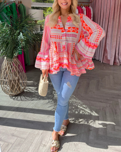 Printed bell-sleeve paneled button blouse blouse&shirts summer