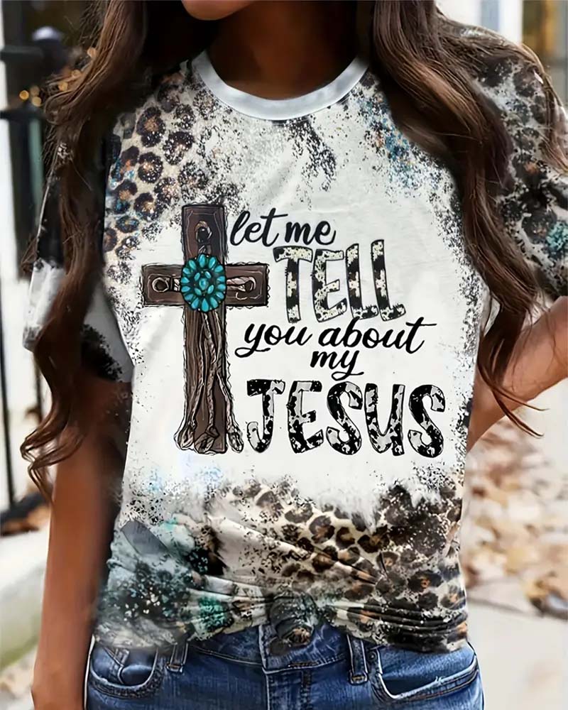 Trendy Leopard & Letter Print Womens T-Shirt 2024 f/w faith & slogan summer t-shirts