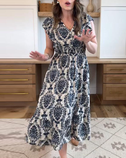 Cashew Flower V-Neck Waisted A-Line Dress