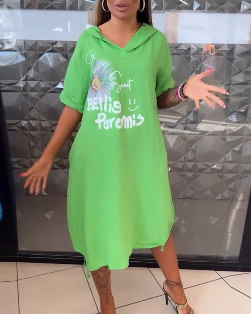 Hooded Printed Casual Shift Dress