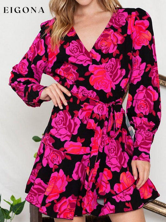 Floral Print Surplice Neck Long Sleeve Dress Cerise clothes dress dresses long sleeve dress mini dress Ship From Overseas SYNZ trend