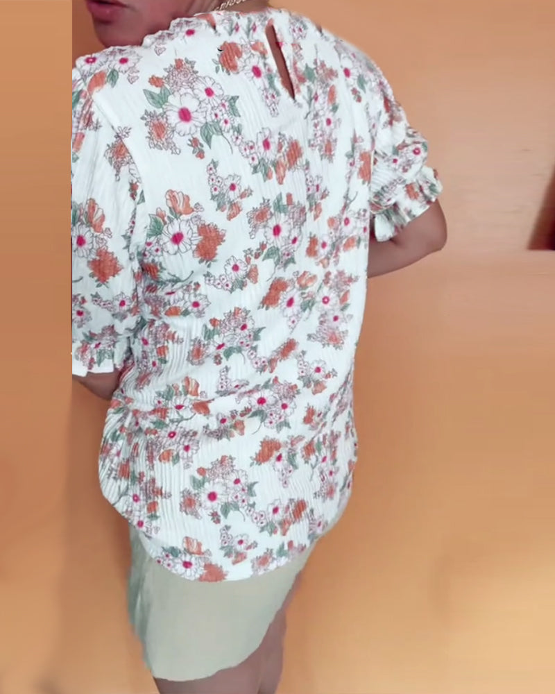 Round Neck Floral Short Sleeve Blouse