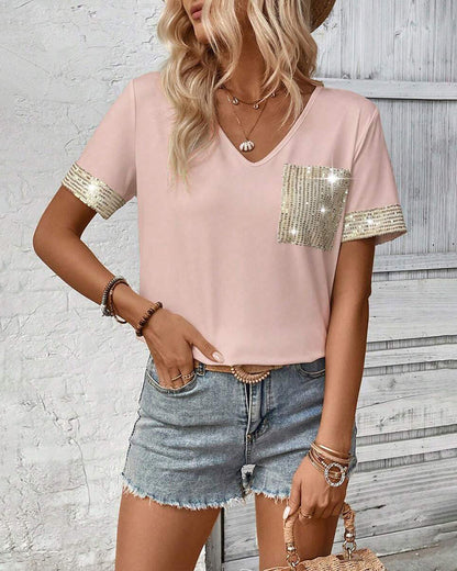 Lässiges Kurzarm-T-Shirt mit V-Ausschnitt und Pailletten
